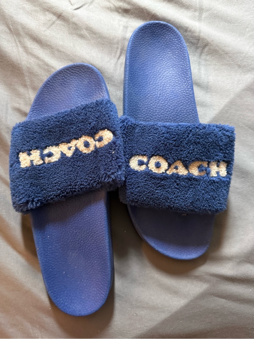 COACH Navy Fuzzy Logo Slide Sandals